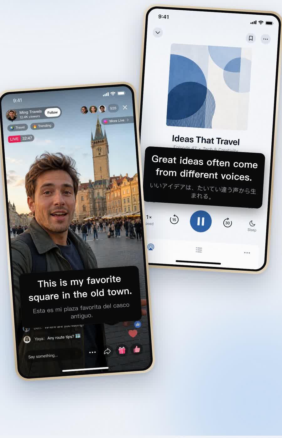 Two iPhones side by side: a live stream in one and a podcast player in the other, both showing translated subtitles.