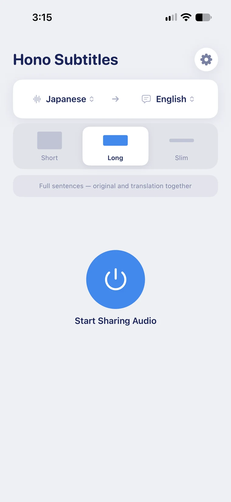 The Hono Subtitles home screen: Japanese to English selected, Subtitle Style set to Long, and a large blue Start Sharing Audio button.