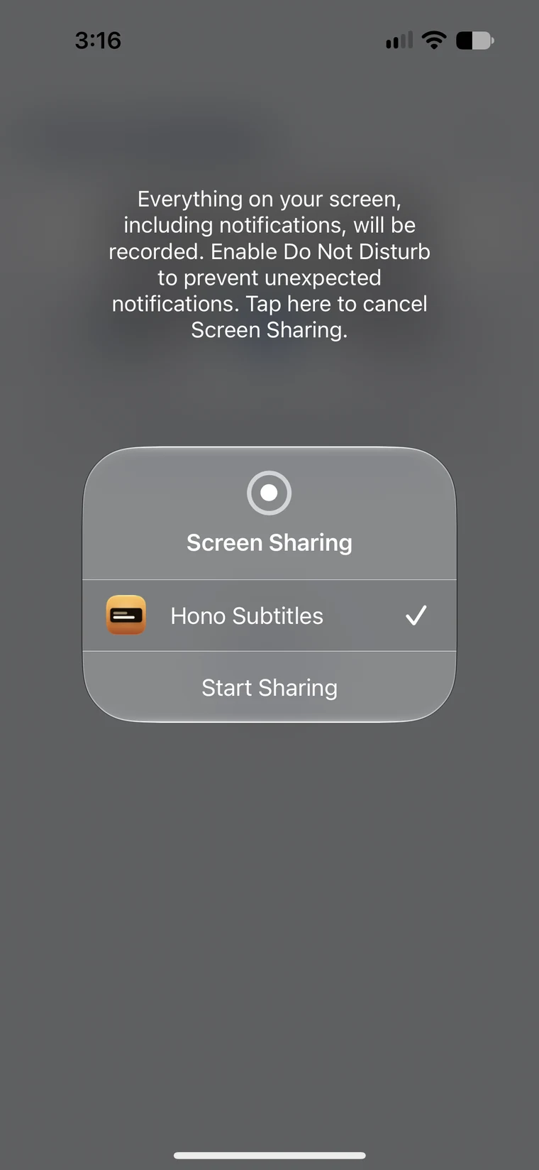 The iOS Screen Sharing sheet with Hono Subtitles selected and a Start Sharing button.