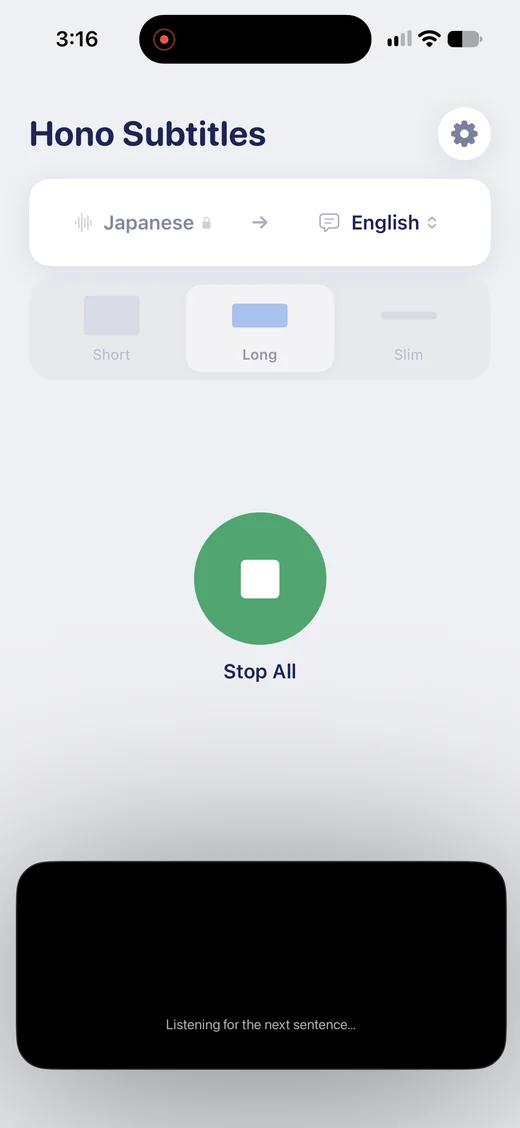 The app while audio is being shared: a green Stop All button and a window reading “Listening for the next sentence…”